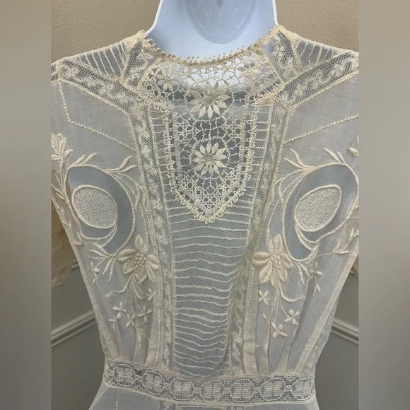 Antique Edwardian Lace Tea Dress 1900s Cotton Lawn Embroidered Bridal - Picture 8 of 14